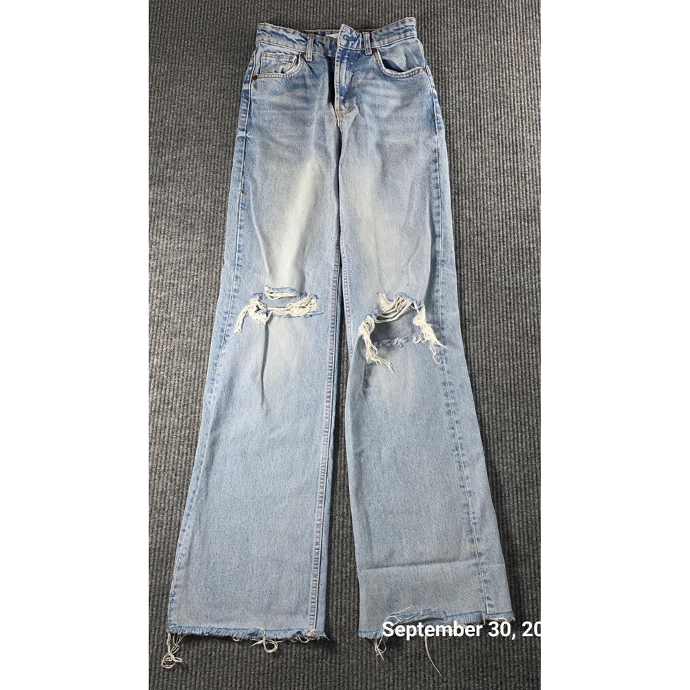 Zara Womens High Waisted Wide Leg Distressed Jeans Light Wash Blue Size 2